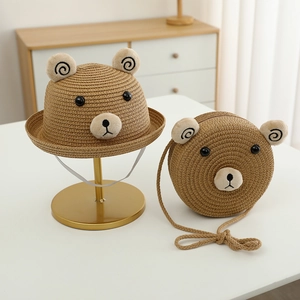 Ensemble chapeau de paille et sac ours pour enfants avec oreilles pour le soleil