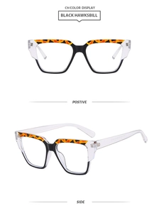 Detail view of square black hawksbill TR90 frames from front and side perspectives