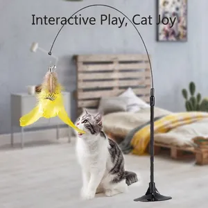 Strong suction cup cat feather toy with flexible steel wand and interactive bell component