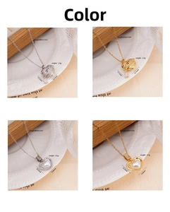 Detailed views of 18K gold and silver heart pendants with zircon and pearl accents