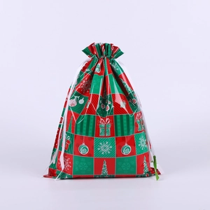 Weihnachts-Geschenkbeutel mit Kordelzug in Rot-Grün-Karo und festlichen Schneeflocken-Motiven