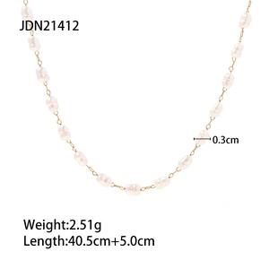 Elegant gold stainless steel necklace with 0.3cm pearls, 40.5cm length plus 5cm extender