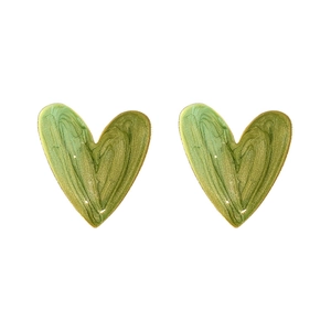 Elegant green enamel heart stud earrings with a glossy finish and minimalist design