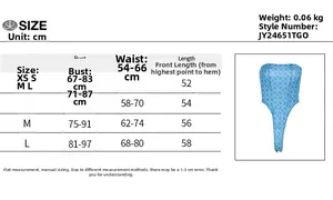 Detailed size chart for printed bikini bodysuit top with measurements in cm for sizes XS-L