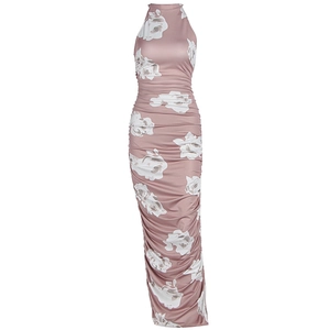 Sleeveless halter neck floral dress in dusty rose with side ruching and split hem