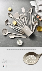 Detailed set of cream silicone kitchen utensils withstanding -40℃ to 220℃ with holder