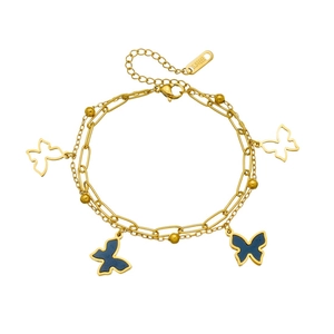 Gold-plated stainless steel double-layered bracelet with hollow and blue butterfly charms