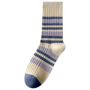 Calcetines retro de rayas crema, morado y azul marino con puños elásticos de canalé