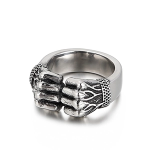Retro hip hop double fist ring in vintage silver stainless steel for men's rock style