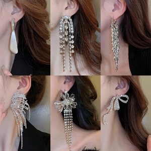 Elegant silver tassel earrings and geometric floral studs for women in a 6-grid display