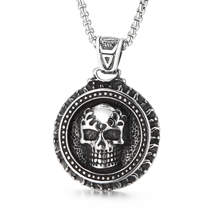 Vintage punk stainless steel necklace with round skull medallion on a box chain