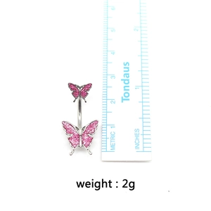 Pink butterfly belly button ring with silver base and measuring scale, weighs 2g