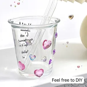 DIY glass tumbler set with colorful 3D heart-shaped gemstones and matching straw