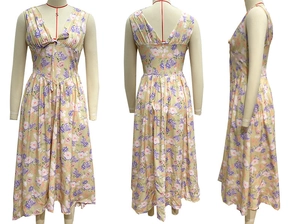 Three-way view of a floral V-neck maxi dress with tie-front detail and high waist