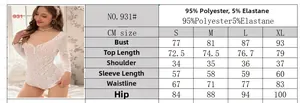 Detailed sizing chart for lace V-neck long sleeve pajama romper with polyester fabric specs
