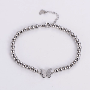 Minimalist stainless steel beaded bracelet featuring a frosted double-layer butterfly charm