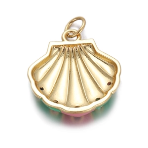 Detail of 14K gold plated shell pendant with pink and green enamel accents on white base