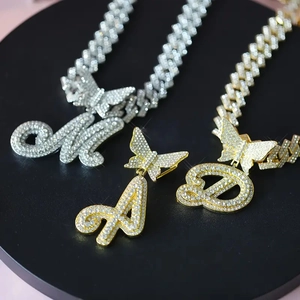 Iced out butterfly initial necklaces with gold and silver crystal pavé cuban chains