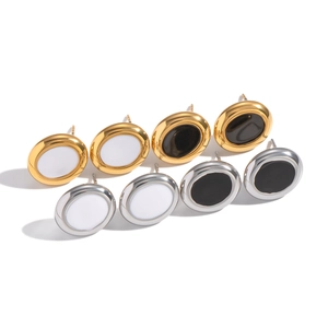 Classic gold and silver stainless steel oval stud earrings in black and white enamel