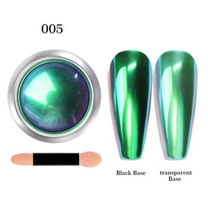 Macro detail of chrome nail powder 005 showing green-purple shift on black and clear bases