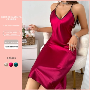 Satin Nightgown Women Imitation Satin V Neck Spaghetti Strap Backless Midi Nightdress Loungewear Sleepwear Slip Dress