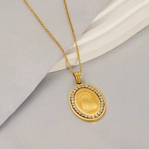 Gold stainless steel oval Virgin Mary pendant necklace with sparkling zircon stones