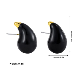Detail view of teardrop enamel earrings with dimensions 32mm by 18mm and 9.8g weight