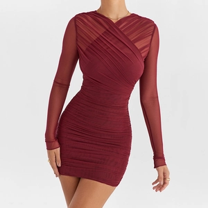 Robe Courte Froncée Sexy Femmes Mesh Manches Longues Col En V Croisé Bodycon Clubwear Streetwear Extensible Slim