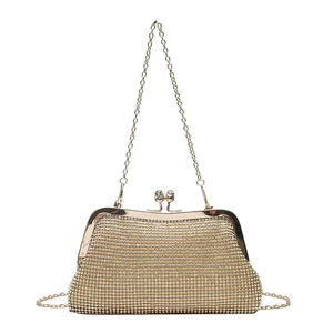 Sparkling gold rhinestone evening clutch bag with elegant chain strap and metal kiss-lock