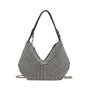 Chic silver rhinestone hobo bag with a black shoulder strap for women's fashion