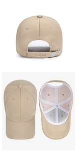 Dettaglio del cappello beige con fibbia in metallo e ricamo Black sulla parte posteriore