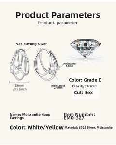 Detailed view of D color VVS1 moissanite hoop earrings in S925 sterling silver