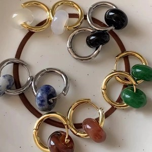 Natural Stone Stainless Steel Hoop Earrings For Women Minimalist Agate Jade Dangle Drop Geometric Vintage Jewelry