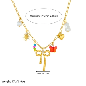 Fashion gold necklace with acrylic beads and butterfly charm measuring forty-five centimeters