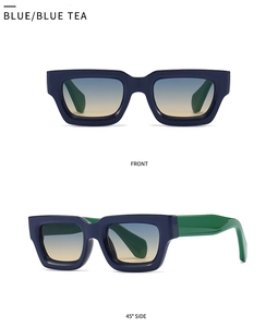 Front and side view of irregular polygon sunglasses with blue frames and green temples
