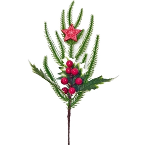 Artificial Christmas pine branch with red berries and a red wooden star decoration
