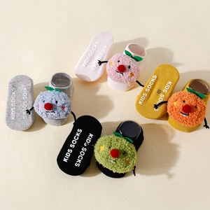 Non-slip baby socks with cute 3D plush toys in five assorted soft pastel colors