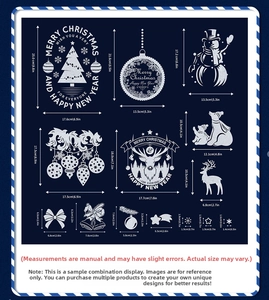 Guide des tailles des stickers de Noël avec bonhomme de neige, renne et flocons de neige