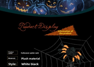 Detailed plush black spider with orange stripes on artificial white spider web