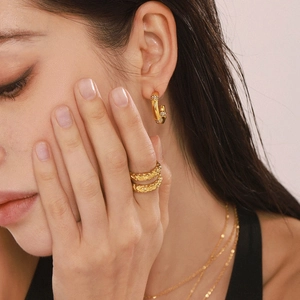 Irregular lava texture ring with gold plating and sparkling zircon earrings set for women