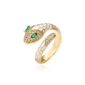 Detail of gold snake ring with white enamel scales and green marquise gemstone eyes