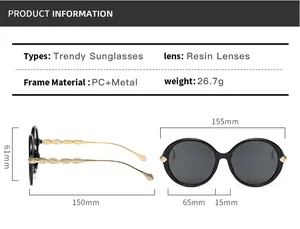 Detailed technical drawing of trendy oversized sunglasses with dimensions and resin lens info