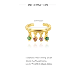 Detail of S925 sterling silver ear cuff with colorful hanging cubic zirconia stones