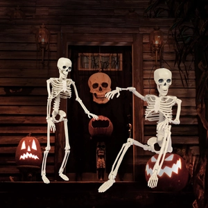 Poseable 40cm plastic skeletons with glowing pumpkin lantern for Halloween garden decor