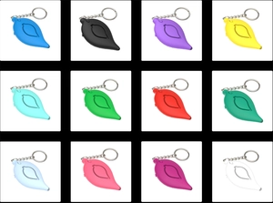 Detailed grid view showing twelve colorful leaf-shaped personal alarms with metal keychains