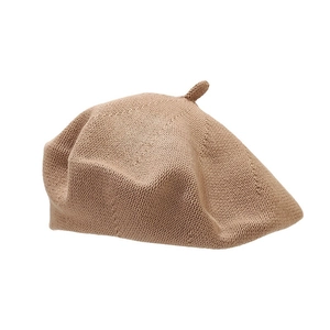 Minimalist camel knit cotton beret hat with breathable texture on a clean white background