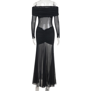 Detail view of the black off-shoulder mesh stitching and long sleeve design on this dress