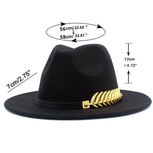 Detailed size specifications for the vintage black fedora hat with golden leaf metal band