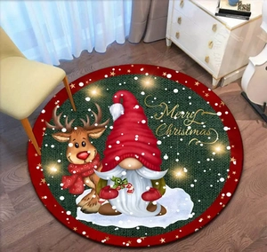 Detailed view of round Christmas rug with Santa Claus and reindeer on wooden floor