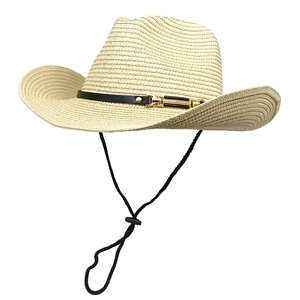 Wide brim straw cowboy sun hat with chin strap and gold buckle for men and women